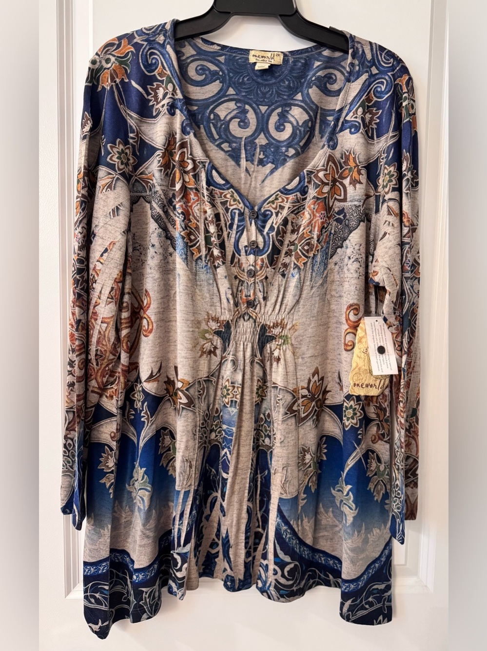 One World Boho Long Sleeve Popover Tunic Blouse